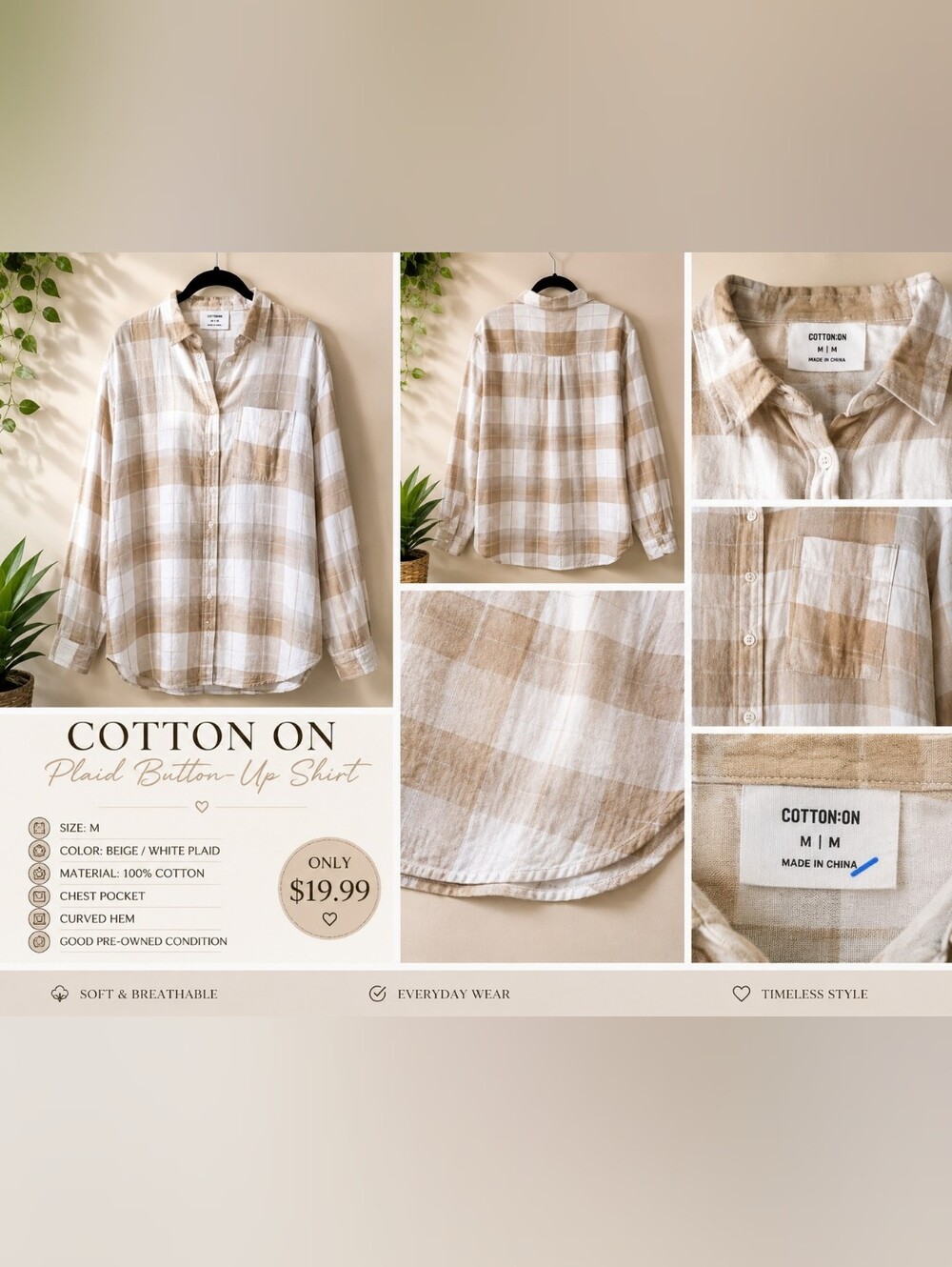 Cotton On Beige and White Plaid Button-Up Shirt